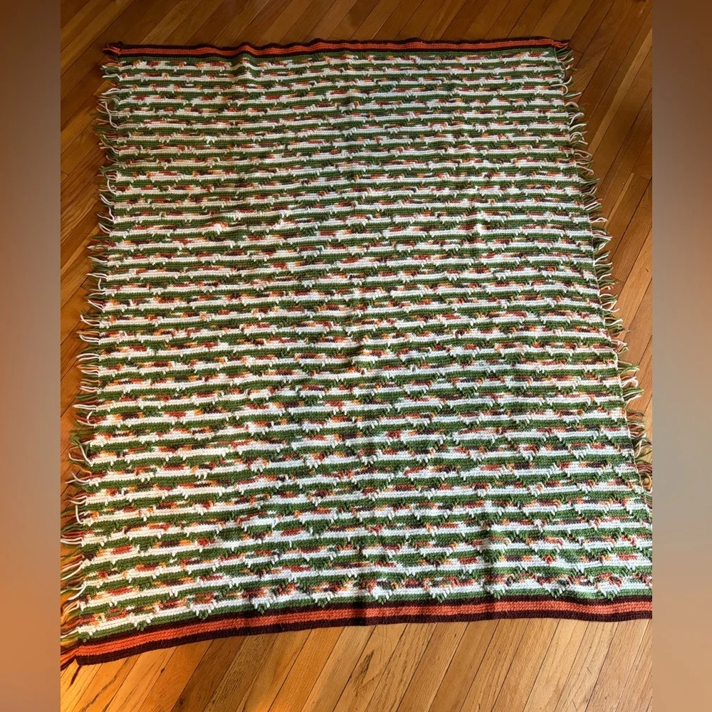 Handmade Cozy Striped Crochet Throw Blanket Green Orange &White 64” x 54” MCM